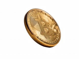 a close-up of a golden bitcoin coin, showcasing its intricate details