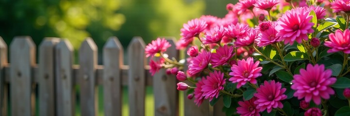 Obraz premium A wooden fence adorned with vibrant pink flowers in full bloom on a sunny day, vibrant, nature, outdoors