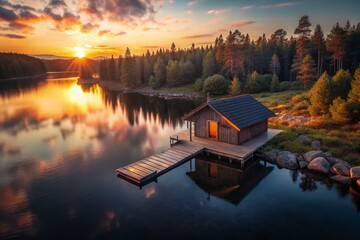 Fototapeta premium Secluded Lakeside Cabin: Aerial View of Charming Small House on Calm Lake