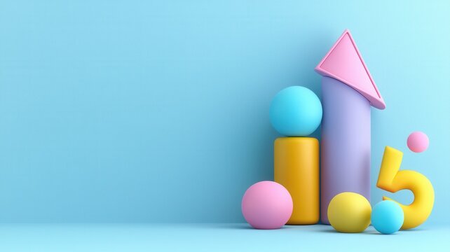 Consumer concept. A playful arrangement of colorful geometric shapes against a light blue background, creating a cheerful and vibrant scene.