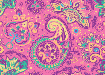 Seamless paisley pattern in Oriental style with floral and ethnic motifs for printed fabric, wallpaper, and packaging