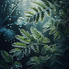 intricate interplay between moisture light and nature is embodied in delicate beauty of dew drops clinging to lush green leaves 