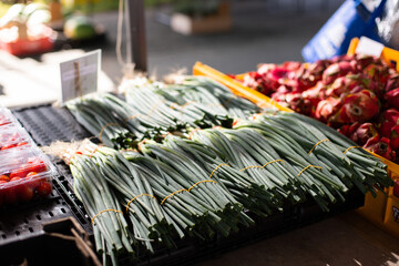 piles of spring onions for sale at the markets