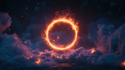 Obraz premium a fiery celestial ring emerging above turbulent waters under a starry night sky creating a mesmerizing and otherworldly spectacle