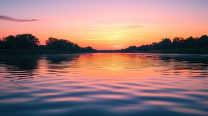 Obraz premium Vibrant sunset reflecting on a tranquil river surrounded by lush foliage and serene sky colors in the early evening hours