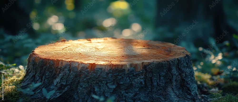 Poster serene forest stump illuminated by golden sunlight creating a natural pedestal for product display t