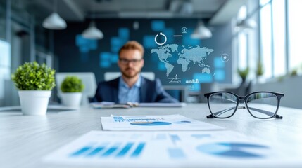 Professional office environment with young businessman, modern decor, and data visualization technology enhancing productivity and teamwork