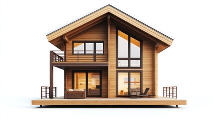 Modern wooden chalet, interior lit, exterior view, 3D model, architectural design