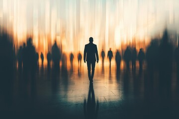 Solitary Figure Walking Through a Blurred Crowd at Sunset Urban Landscape
