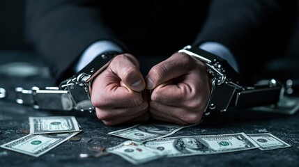 Hands in handcuffs gripping cash on a dark table, symbolizing crime, greed, and the consequences of illegal activities, with a serious and dramatic tone