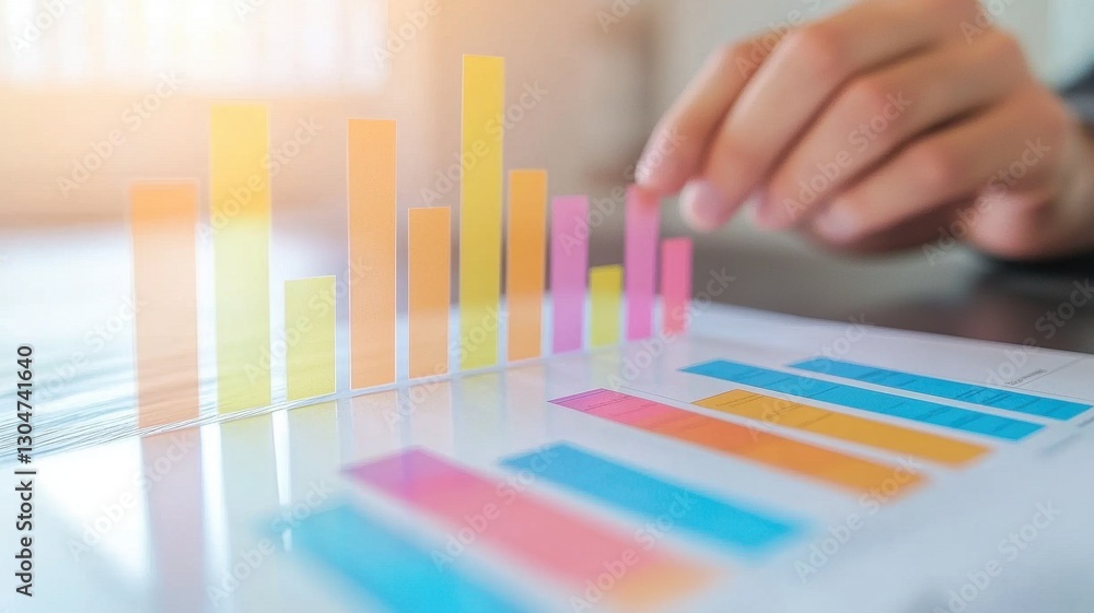 Aufkleber analyzing colorful business growth charts data hand adjusting bar graph indicators on tablet