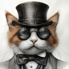 funny cat dressed as a stylish englishman in a tophat and googles