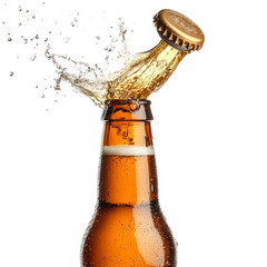 open a beer bottle beer splash the cap bounces off, isolated on white background
