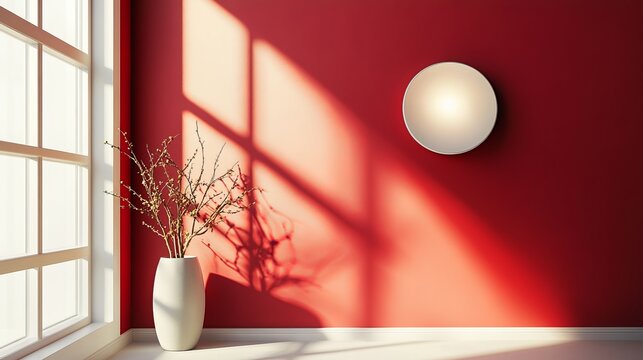 A stylish, round wall lamp adds modern flair to a home.  Its red and white backdrop provides ample space for text.  The image showcases contemporary interior design.
 