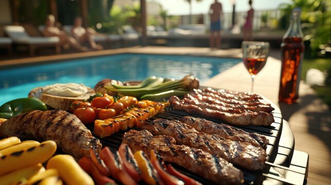 poolside grilling experience featuring an array of meats and vegetables prepared outdoors with a summer atmosphere by the pool deck