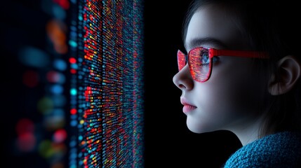 Young Girl with Glasses Looking at Colorful Digital Data Display