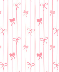 Cute Seamless Pattern with Pink Lines and Bows, Simple Hand Drawn Pattern with Stripes, Vintage, Cute Wallpaper, Vector
