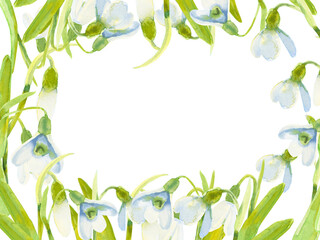 Hand drawn watercolor snowdrop flowers and leaves frame boarder on white background. Can be used for textile, Scrapbook design, banner, greeting card, invitation