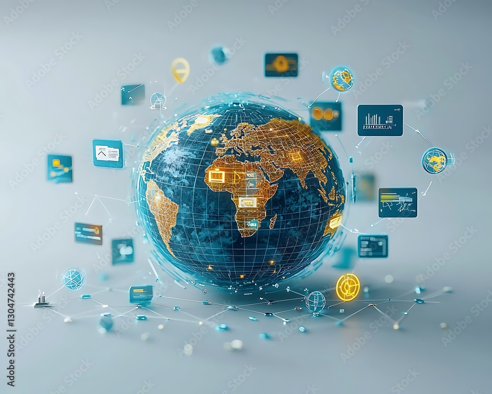 Poster 3d globe encircled by digital icons, symbolizing global network and data flow on a light gray surfac