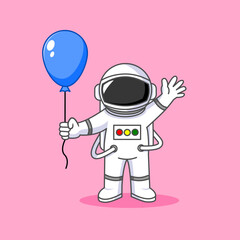 Cute Astronaut greeting with holding balloons celebration party, Vector Illustration Cartoon Design 