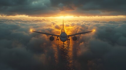 Serene Airplane Gliding Through Soft Cloud Layer Reflection Mirrored on Water Below