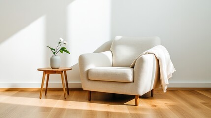 Cozy armchair illuminated by sunlight, accompanied by minimalist