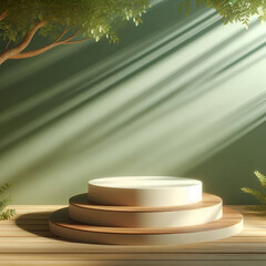 3D Podium empty stylish wood with beautiful morning sunlight with dappled light on blank green wall in background. Beauty, skincare, cosmetic products