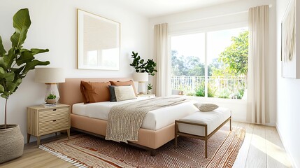 Naklejka premium modern home decor bohemian color palette. A bright and modern bedroom featuring a cozy bed, natural light, and stylish decor with plants and warm tones.