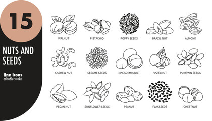 Nuts and seeds editable stroke thin line icons set. Walnut, pistachio, almond, hazelnut, flaxseed, macademia, sunflower seeds, pumpkin seeds, cashew, chestnut, sesame, peanut, vector illustration