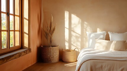Fototapeta premium modern home decor bohemian color palette. A serene, minimalistic bedroom featuring natural light, soft textiles, and earthy tones, creating a cozy and inviting atmosphere.