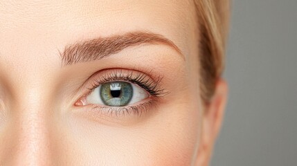 Fototapeta premium Close-Up of Beautiful Human Eye with Green Iris, Long Lashes and Well-Defined Eyebrow Against Soft Gray Background