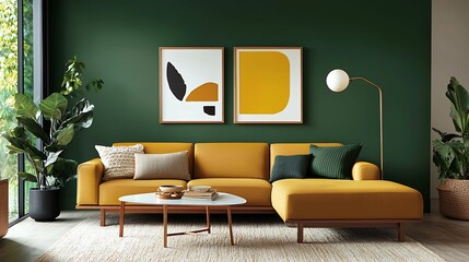 modern home decor  bohemian  color palette. A modern living room featuring a yellow sectional sofa, green walls, abstract art, and indoor plants, creating a vibrant and inviting atmosphere.