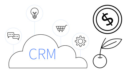 Cloud labeled CRM links icons for chat, innovation, shopping cart, gear, and plant sprouting coin. Ideal for business, data, marketing technology finance strategy enterprise. Flat simple metaphor