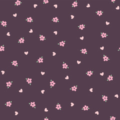 Vector illustration. Cute seamless pattern with flowers and hearts in pink tones on a dark background. Floral pattern, girlish print for fabric, children's textile, wallpaper.