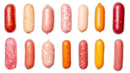 a variety of colorful sausages arranged in rows on a display 