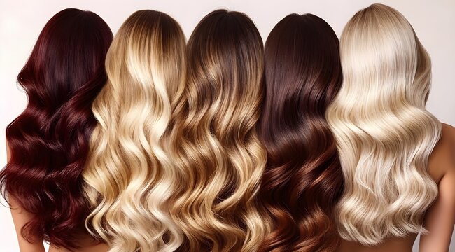 Long hair in different shades showcases beautiful spectrum of colors, from blonde to light brown and dark brown. Each style highlights smooth texture and shine, creating elegant visual. generative ai
