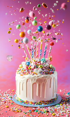 Celebratory confection creation featuring dynamic sweet sprinkles, candles, and colorful candies