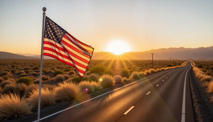 American flag waving on deserted highway at sunset, freedom symbolism
