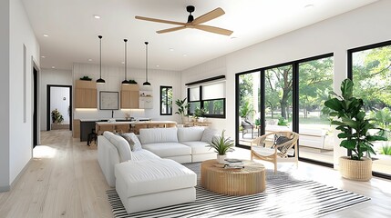 modern home decor  bohemian  color palette. A modern, airy living room with large windows, a cozy sectional sofa, natural decor, and a stylish ceiling fan, creating a welcoming atmosphere.