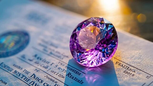 This video features a beautiful purple diamond lying atop an official certificate. It emphasizes value and beauty. Ideal for articles on jewelry or authenticity. Generative AI