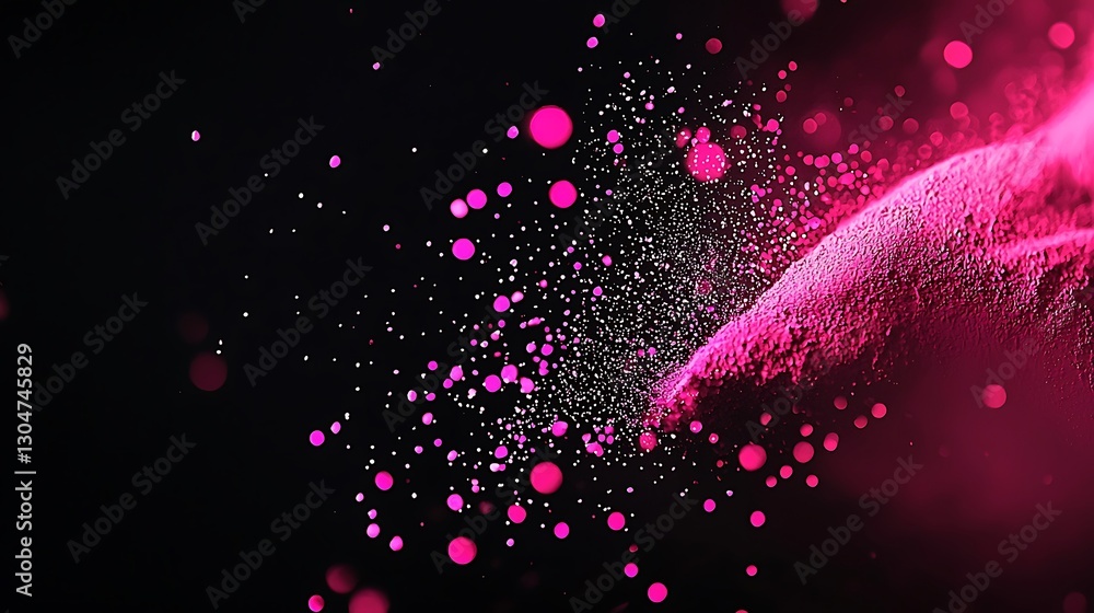 Poster abstract 3d pink particles exploding outwards over a black background with bokeh effects