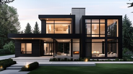 Modern Black House with Large Windows Surrounded by Trees and Elegant Landscaping on a Clear Day