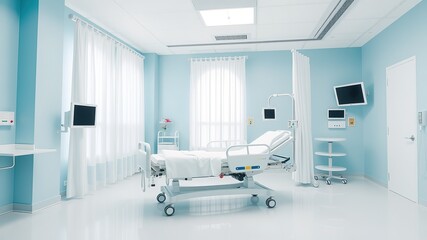 Modern Hospital Room with Light Blue Walls and Adjustable Bed