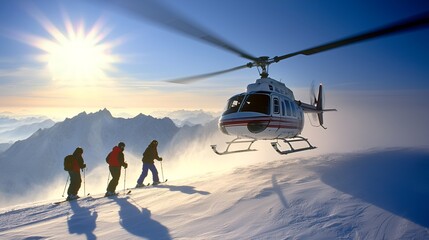 Skiers being airlifted by helicopter in snowy mountains at sunrise.  Possible use Adventure tourism stock photo