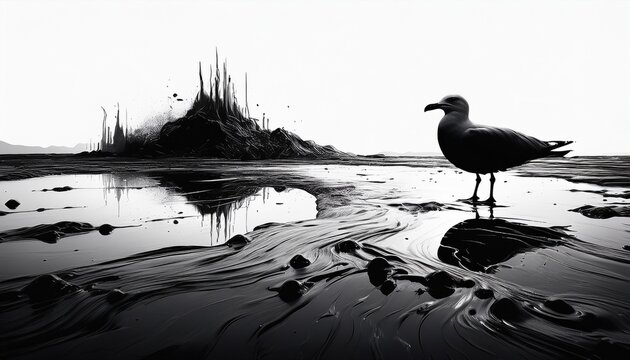 A lone seagull on the shore with dirty water next to dark, creapy polluted city 