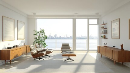 Fototapeta premium Modern apartment living room, city view, relaxing space, furnished