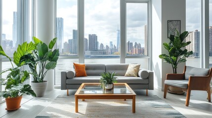 Obraz premium Modern living room with city views. Interior design inspiration