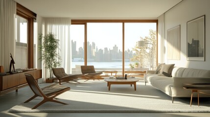 Fototapeta premium Modern apartment living room with city view (1)