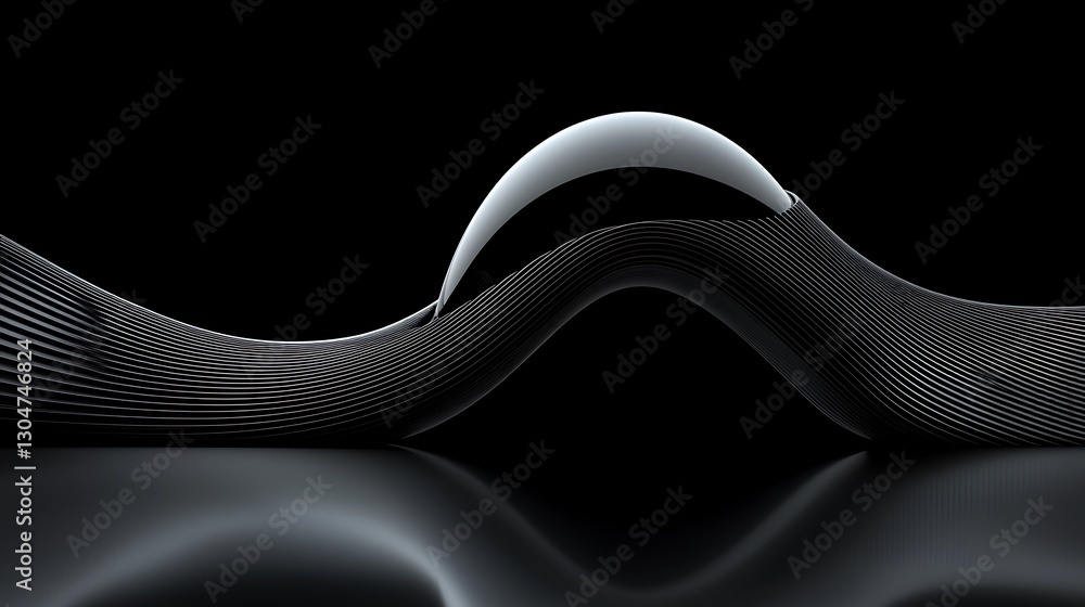Poster abstract black flowing lines with sphere, reflected on shiny surface, dark studio background