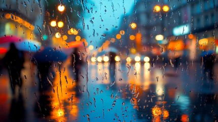 Naklejka premium Rainy night city street view through rain-covered window; blurred lights, people with umbrellas.